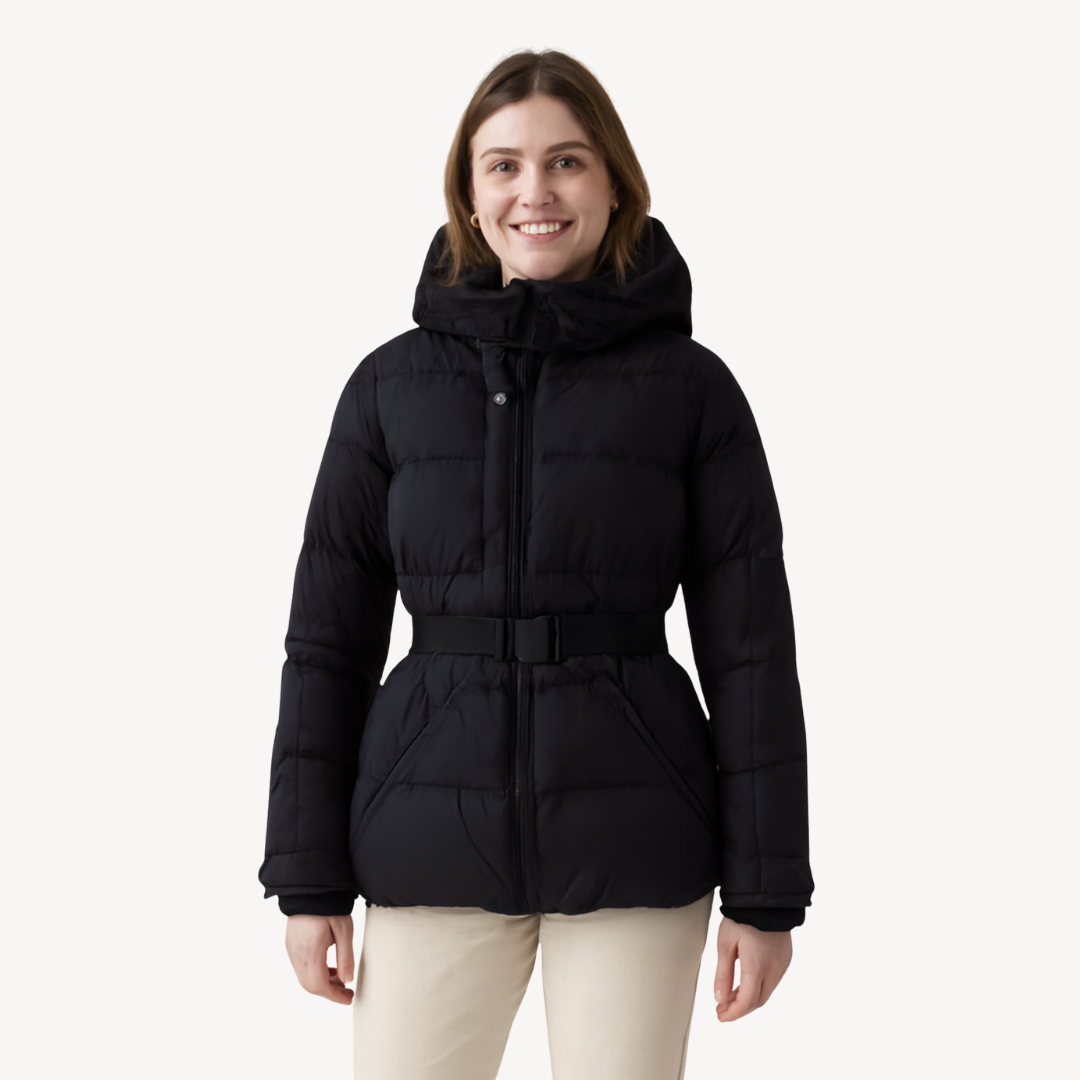 Women’s Hooded Belted Puffer Jacket – Refined Longline Quilted Style