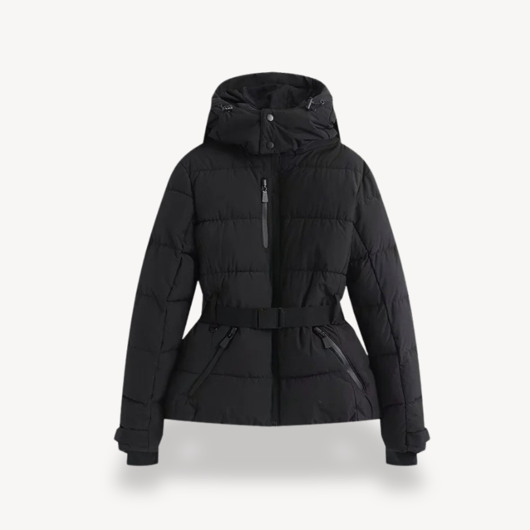 Women’s Hooded Belted Puffer Jacket – Refined Longline Quilted Style